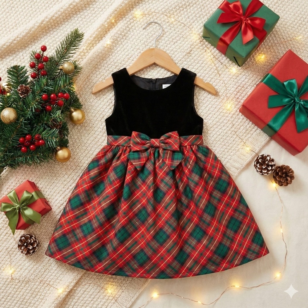 Gymboree Girls 3T Dress Velvet Plaid Holiday Sparkle Bow Party Special Occasion